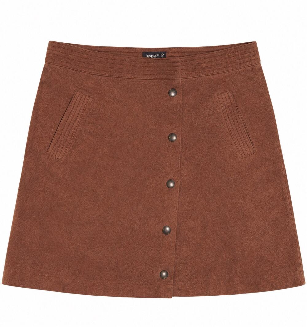 BLANKNYC Women’s 27 Brown Suede Leather Snap Front Mini Skirt Genuine Leather